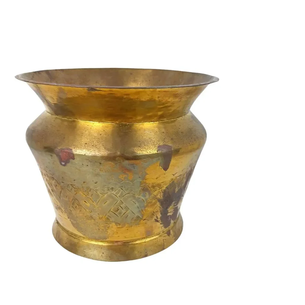Etched Brass Planter Vase Floral Design Decorative Metal Home Decor 7